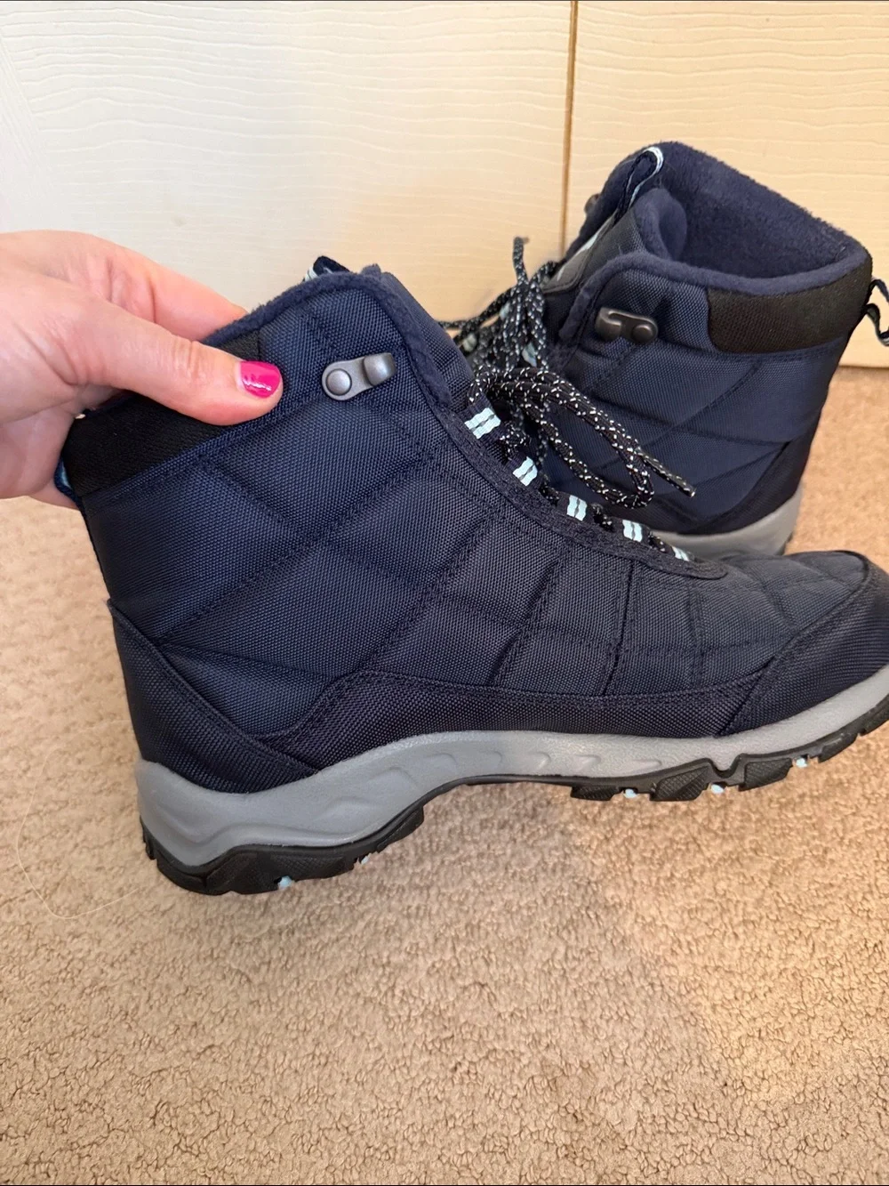 Columbia Navy Quilted Lace-Up Ankle Snow Boots with Light Blue Accents - Picture 3 of 4